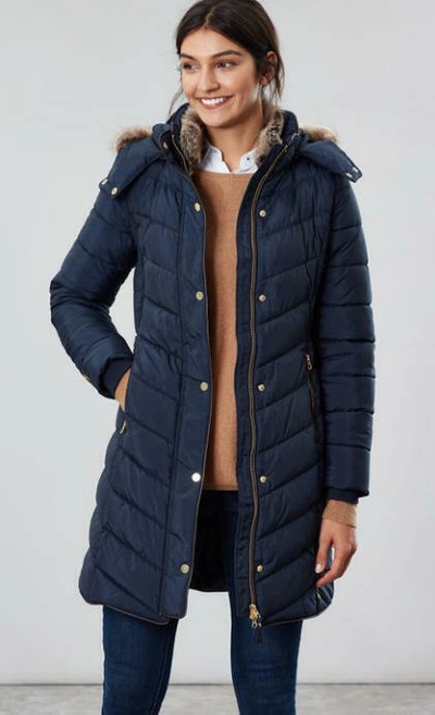 Pre-owned Joules Womens Cherington Long Length Warm Quilted Parka Coat - Navy Size 14