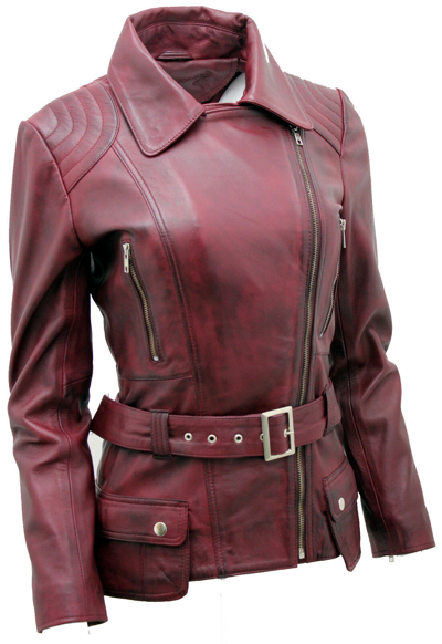 Pre-owned Infinity Ladies Burgundy Vintage Long Feminine Leather Biker Jacket