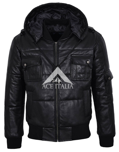 Pre-owned Smart Range Pilot Six Puffer Men's Black Hooded Bomber Genuine Real Leather Jacket