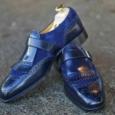 Pre-owned Handmade Mens  Shoes Elegant Navy Blue Suede Leather Brogue Monk Tassels Formal