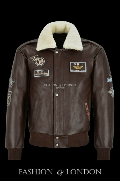 Pre-owned Real Leather Aviator Mens Bomber Jacket Brown Hide Fur Collared Air Force Leather Jacket 1224