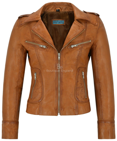 Pre-owned Real Leather Ladies  Jacket Tan Napa Biker Motorcycle Style 9823