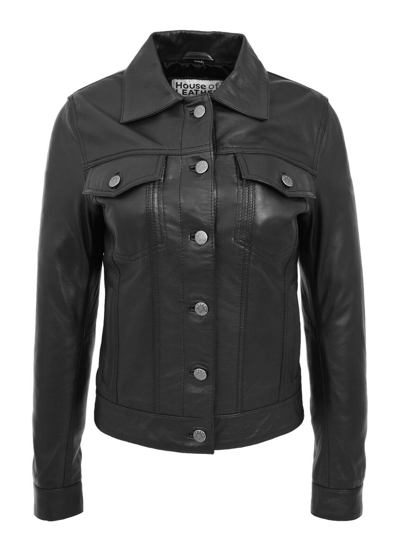 Pre-owned House Of Leather Womens Real Leather Trucker Jacket Western Style Alma Black