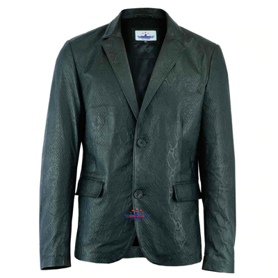 Pre-owned Real Leather Men  Black Python Snake Textured Blazer Jacket Two Button Fashion Co
