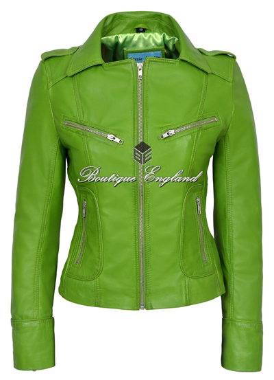 Pre-owned Smart Range Ladies Fashion Leather Jacket Lime Green Biker Series 100% Real Leather 9823