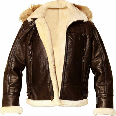 Pre-owned Style Men's Brown Raf B3 Bomber Sheepskin Shearling Leather Jacket Coat With Hood Sale