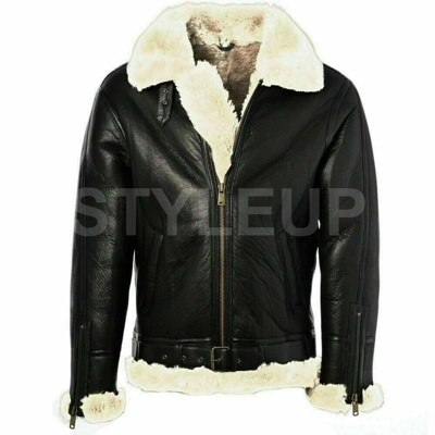 Pre-owned Styleup Ltd Mens B3 Raf Flight Aviator Pilot Real Fur Shearling Sheepskin Leather Jacket