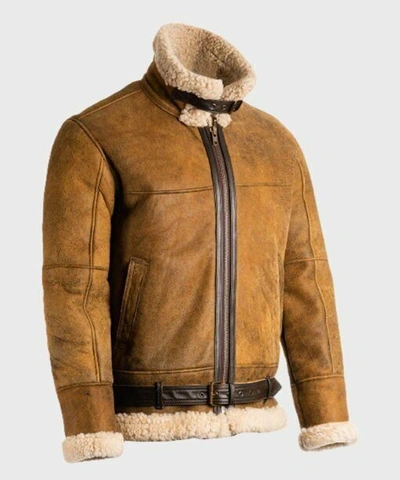 Pre-owned Style Sheepskin Bomber Tan Brown Waxed Jacket With Leather Trimming  Jacket Sale