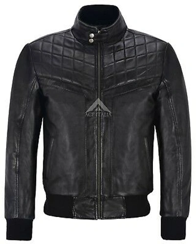 Pre-owned Smart Range Men's 70's Leather Jacket Black Quilted Retro Bomber Style Lambskin Leather 4757