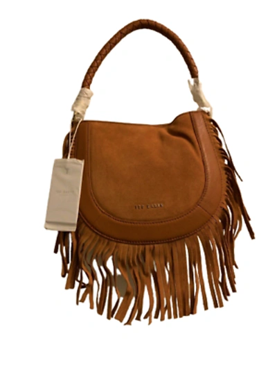 Pre-owned Ted Baker Pinya Braided Handle Fringe Mini Hobo Bag Brown Tan