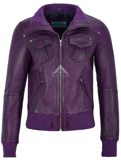 Pre-owned Carrie Ch Hoxton 'fusion' Ladies Leather Jacket Purple Washed Short Bomber Biker Style 3758