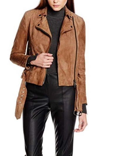 Pre-owned Muubaa Womens Seaton Taupe 100% Goat Suede Belted Biker Jacket Size 10 Rrp£450