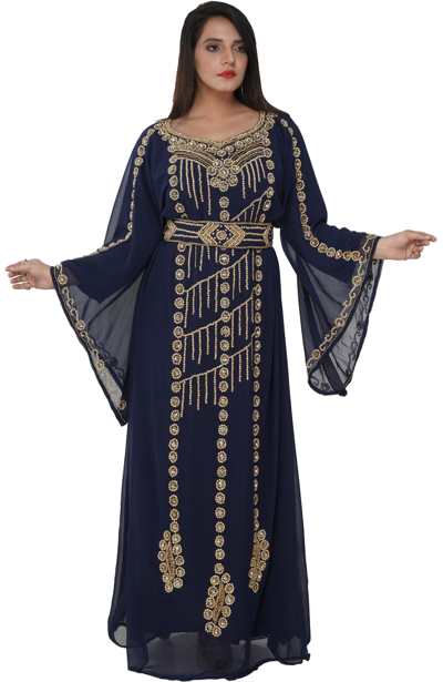 Pre-owned Maxim Creation Women's Abaya Maxi Bell Sleeve Dress With Golden Gemstones Embroidered Dressing Gown 8409