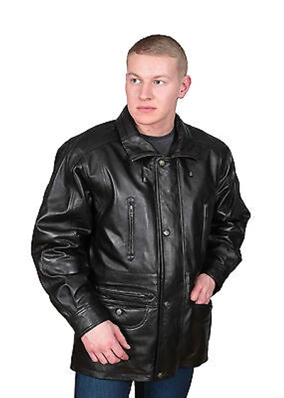 Pre-owned Fashion Gentlemens Real Leather Classic Parka Jacket Black Mens 3/4 Long Car Coat