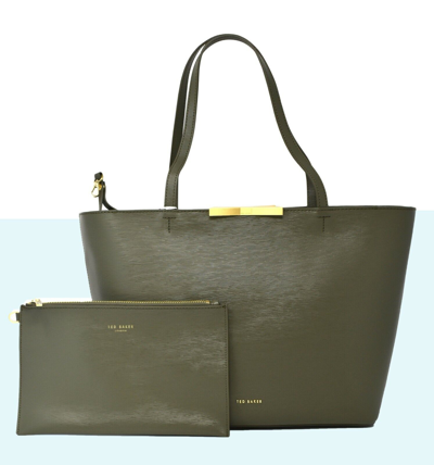 Pre-owned Ted Baker Shopper Bag Set Leather Large Khaki Green Rrp £159