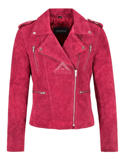 Pre-owned Smart Range Women's Real Leather Jacket Fuchsia Pink Cow Suede Classic Fashion Biker Style
