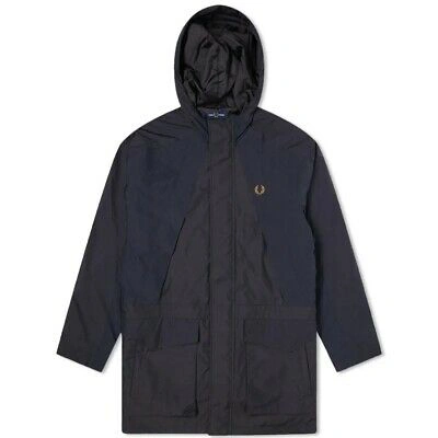 Pre-owned Fred Perry Hooded Mixed Fabric Parka Raincoat Jacket Navy J1526 With Tags