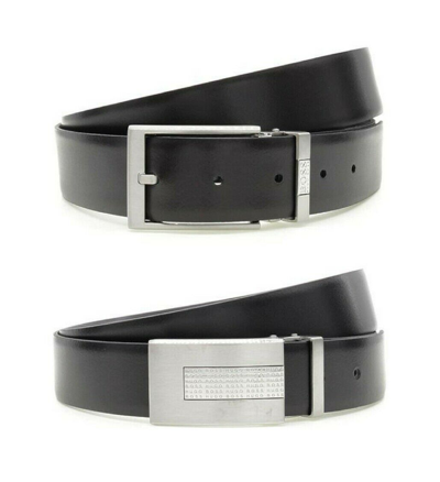 Pre-owned Hugo Boss Gigy 2 X Buckle Black Leather Reversible Belt