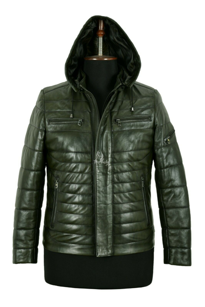 Pre-owned Real Leather Men's Puffer Hooded Leather Jacket Olive Green Napa Fully Quilted Sport Jacket