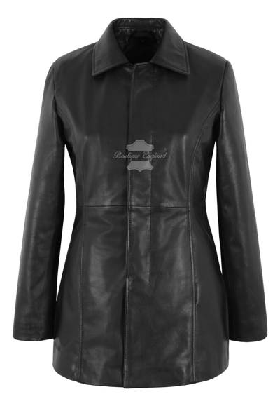 Pre-owned Carrie Ch Hoxton Woman's Classic Real Leather 3/4 Length Black Coat Conceal Button Jacket Shaylyn