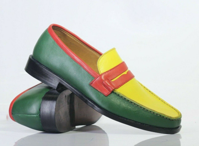 Pre-owned Handmade Mens Multi Colour Penny Loafers Leather Shoes.  Casual Shoes For Men
