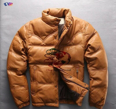 Pre-owned Claw Intl Mens Fly Puffer Quilt Genuine Leather Jacket Winter Down Warm Filling Sale Price