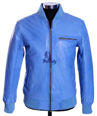Pre-owned Real Leather 70's Mens Bomber Jacket Sky Blue Baseball Sports Varsity Genuine Leather Jacket