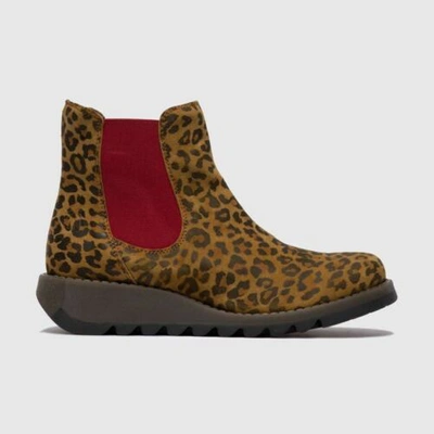 Pre-owned Fly London Salv Tan Cheetah Print Womens Casual Leather Ankle Boots