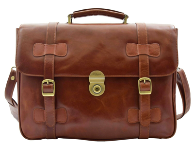 Pre-owned Fashion Mens Leather Briefcase Cognac Vintage Classic Office Bag Messenger Laptop Case