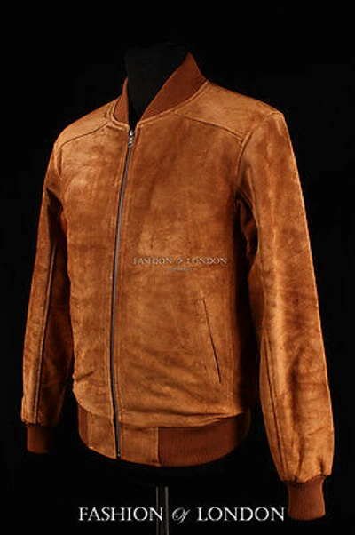 Pre-owned Real Leather Men's 70's Bomber Leather Jacket Tan Pilot Aviator Style Suede Leather Jacket