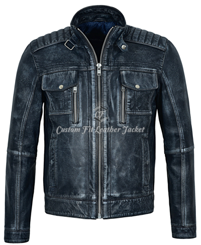 Pre-owned Smart Range Men's Leather Jacket Vintage Navy Blue Denim Look Biker Style Real Napa 1802