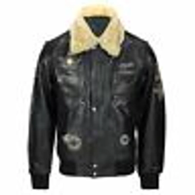 Pre-owned Generic Mens Real Leather Black Detachable Fur Collar Badge Jacket Aviator Bomber S -6xl