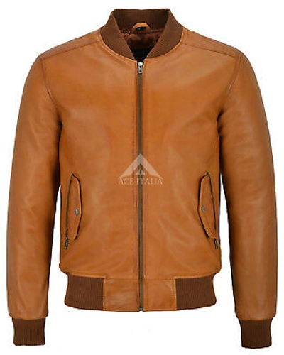 Pre-owned Smart Range Leather 70's Men's Leather Jacket Tan Retro Bomber Soft Italian Napa Biker Style 1229
