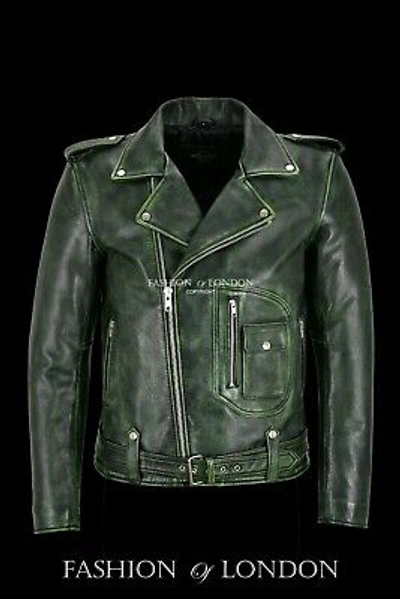 Pre-owned Smart Range Leather Men's Real Leather Riding Jacket Green Vintage Thick Cowhide Brando Biker Style