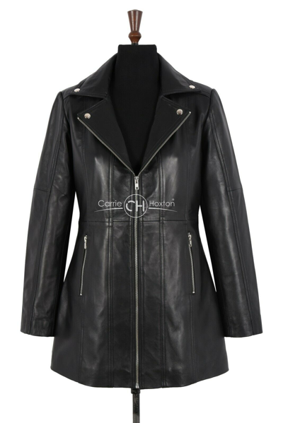 Pre-owned Carrie Ch Hoxton Ladies Biker Style Black Leather Jacket Mid Length Slim Fit Real Lambskin Coat