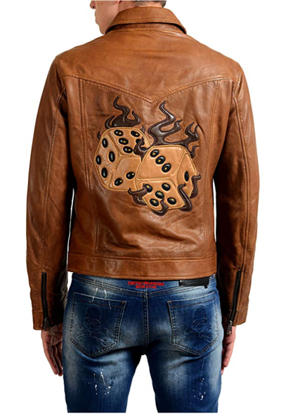 Pre-owned Just Cavalli Brown 100% Leather Dice Print Full Zip Jacket It 48 - Medium