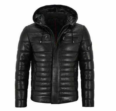 Pre-owned Claw Intl Men's Real Leather Jacket Puffer Hooded Black Hoodie Fully Quilted Jacket 2021