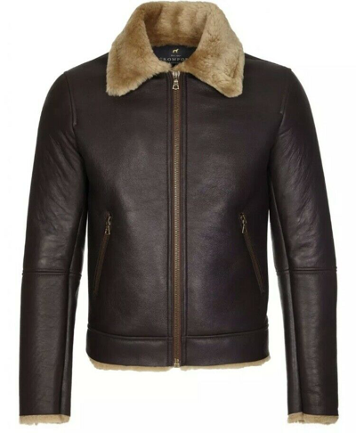Pre-owned Edinstyle Men's Real Sheepskin Fur Collared Chocolate Brown Handmade Coat Bomber Jacket
