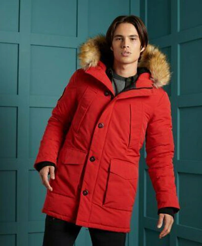 Pre-owned Superdry Mens Everest Parka Jacket High Risk Red Black Fur Parka Quilted Coat