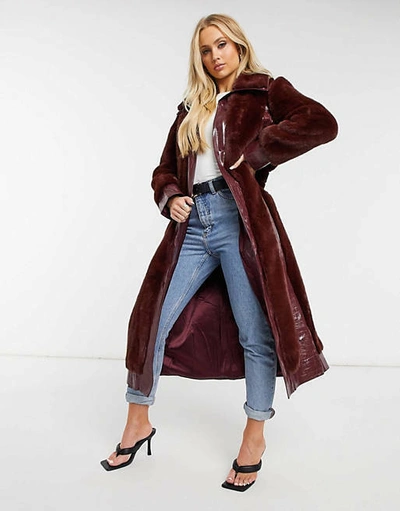Pre-owned Jayley Faux Fur & Faux Leather Mock Croc Long Trench Coat Wine Burgundy 8 10 12