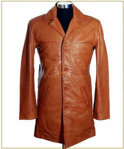 Pre-owned L.b Benjamin Tan (sr3476) Men's Smart Knee Length Lambskin Leather Blazer Jacket