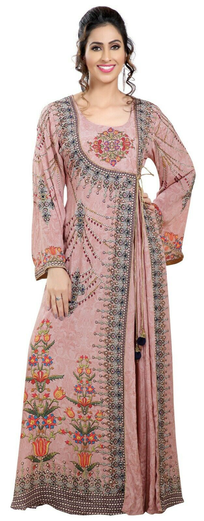 Pre-owned Maxim Creation Light Pink Digital Printed Kaftan With Colourful Embroidered Beads 8483