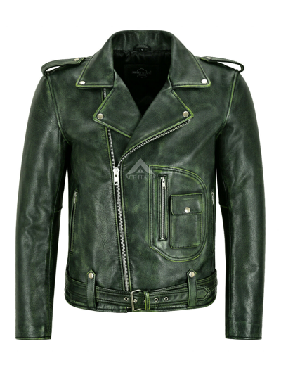 Pre-owned Smart Range Leather Men's Biker Jacket Green Vintage Brando Style Thick Cowhide Riding Jacket Aster