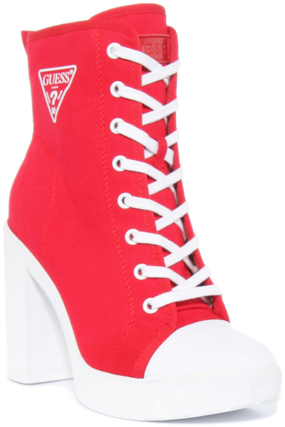 Pre-owned Guess Fl5prcfab10 Womens Canvas Heeled Ankle Boots In Red Uk Size 3 - 8