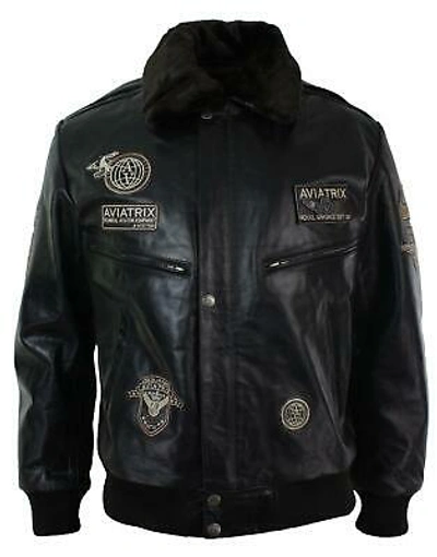 Pre-owned Aviatrix Mens Real Leather Jacket Bomber Aviator Style Badge Design Brown
