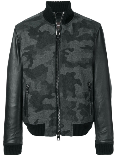 Pre-owned Michael Kors Black Camo Wool Blend/leather Bomber Jacket Small Rrp£900