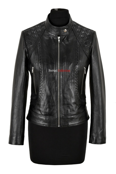 Pre-owned Carrie Ch Hoxton Ladies Black Leather Jacket Mandarin Collar 100% Lambskin Classic Braided Jacket