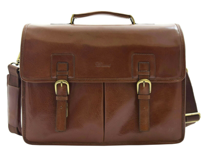 Pre-owned Fashion Mens Italian Leather Brown Briefcase Expandable Office Bag Messenger Laptop Case