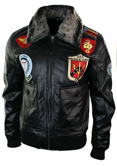 Pre-owned Aviatrix Mens Real Leather Us Aviator Air Force Pilot Flying Bomber Jacket Black Fur Coll