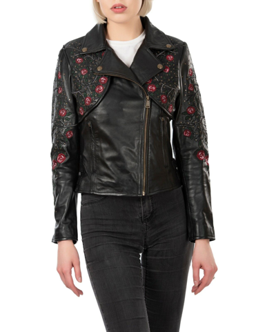 Pre-owned Ticket Jeans - Real Leather Womens Designer Real Leather Embroidered Slim Fit Biker Jacket By Ticket Jeans®